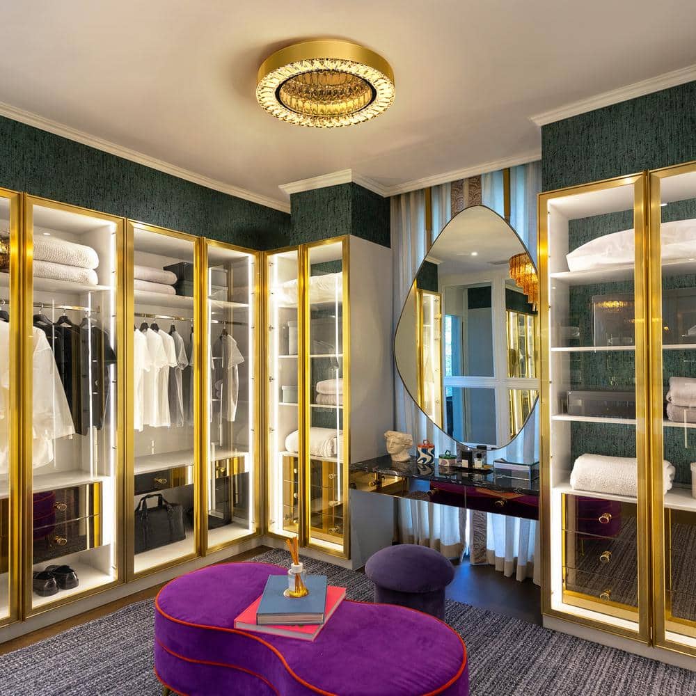 15.7 in. Modern Gold Integrated LED Crystal Chandelier Flush Mount Light Fixture for Kitchen or Bedroom - Hercitys