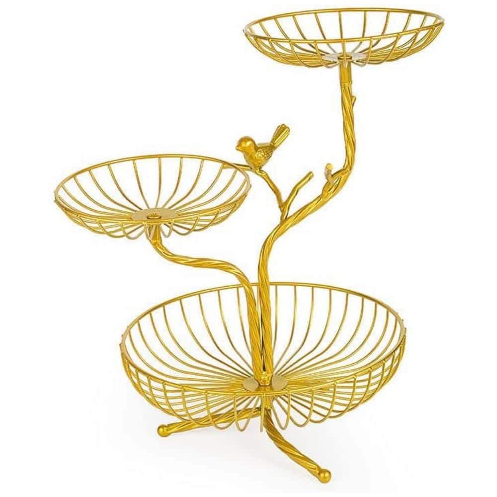 3-Tier Fruit Basket Holder Decorative Fruit Bowl Rack Metal for Vegetables, Bread Snack and Kitchen Home Use, Gold - Hercitys