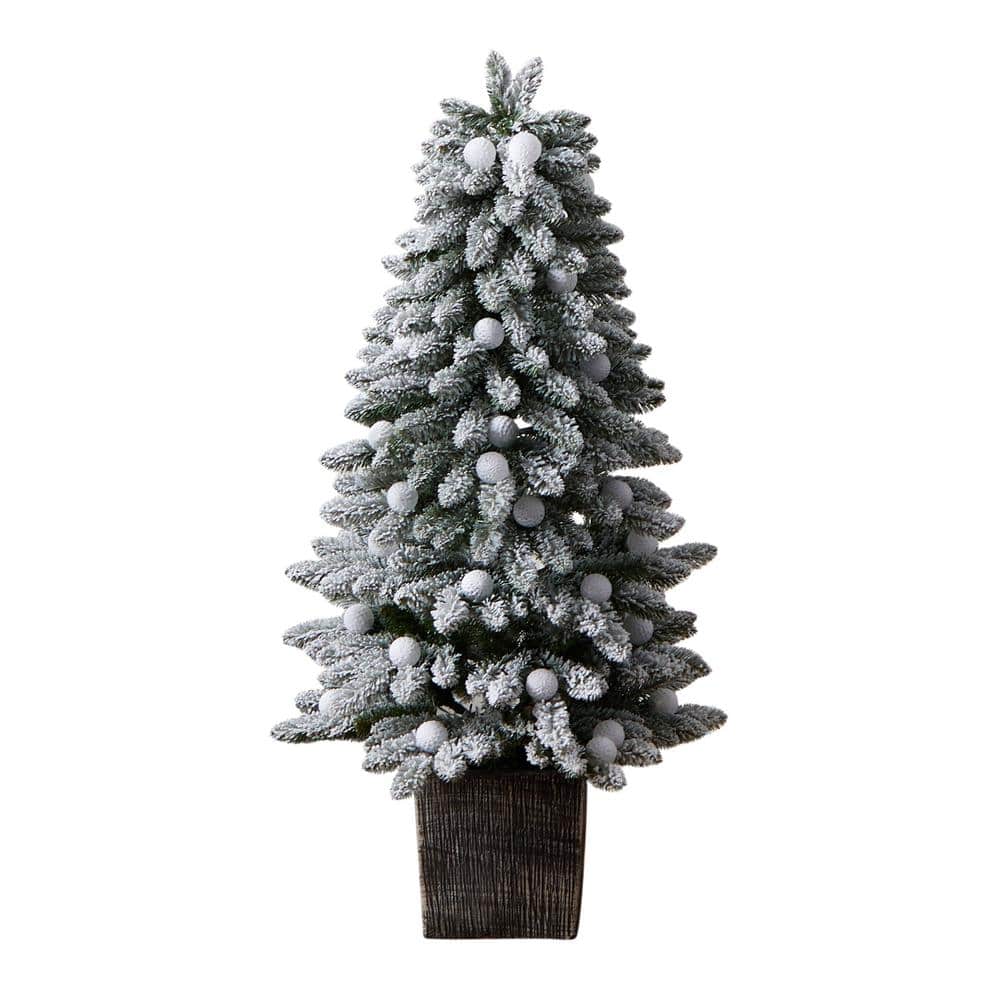 4 ft. Winter Flocked Pre-Lit Artificial Christmas Tree with 40 LED Globe Lights, 259 Bendable Branches in Planter - Hercitys