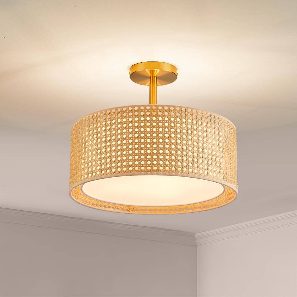 15.7 in. 3-Light Copper Rattan Semi-Flush Mount Ceiling Light - Hercitys