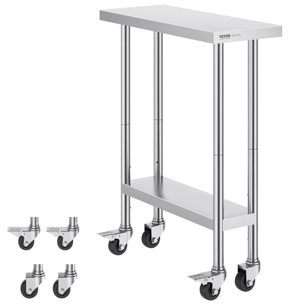 30 x 12 x 38 in. Stainless Steel Commercial Kitchen Prep Table with 4 Wheels 3 Adjustable Height Levels Silver - Hercitys