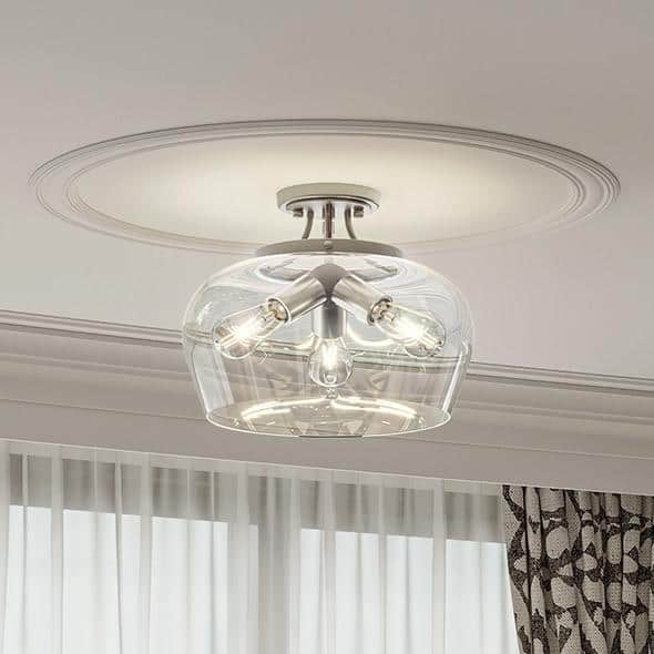 3-Light Blushed Nickel Semi Flush Mount Ceiling Light with Glass Shade - Hercitys