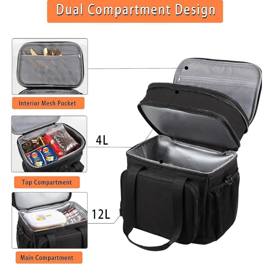 17 qt. Expandable Insulated Large Lunch Box Double Deck Heavy Duty Durable Leakproof Cooler Bag 20 Can Capacity Black - Hercitys