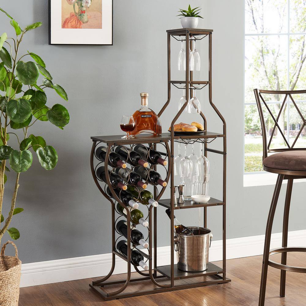 5 Tier 11 Bottle Wine Bakers Rack with Hanging Wine Glass Holder and Storage Shelves, Wine Storage Home Bar-Grey - Hercitys