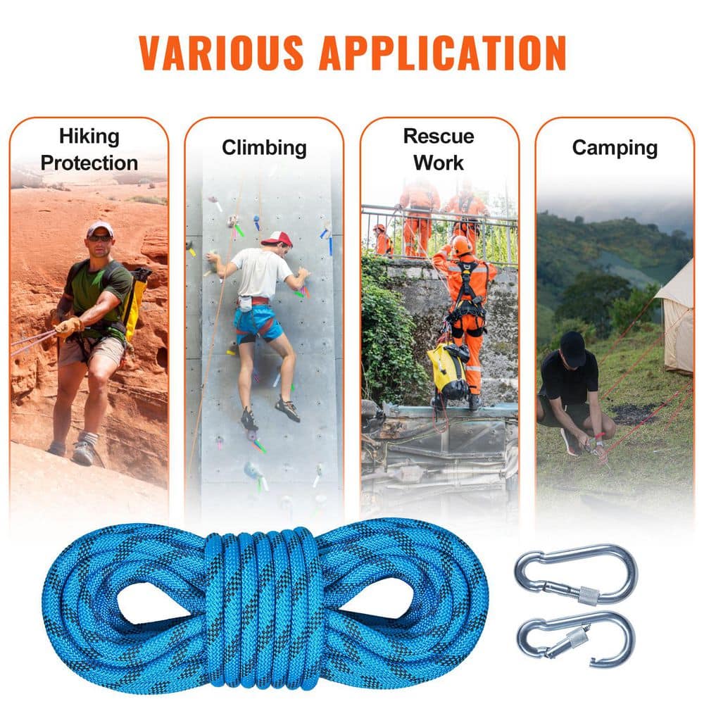 10.5mm Static Climbing Rope, 29.3M(96ft.) Outdoor Rock Climbing Rope 25KN Breaking Tension, with Steel Snap Hooks, Blue - Hercitys