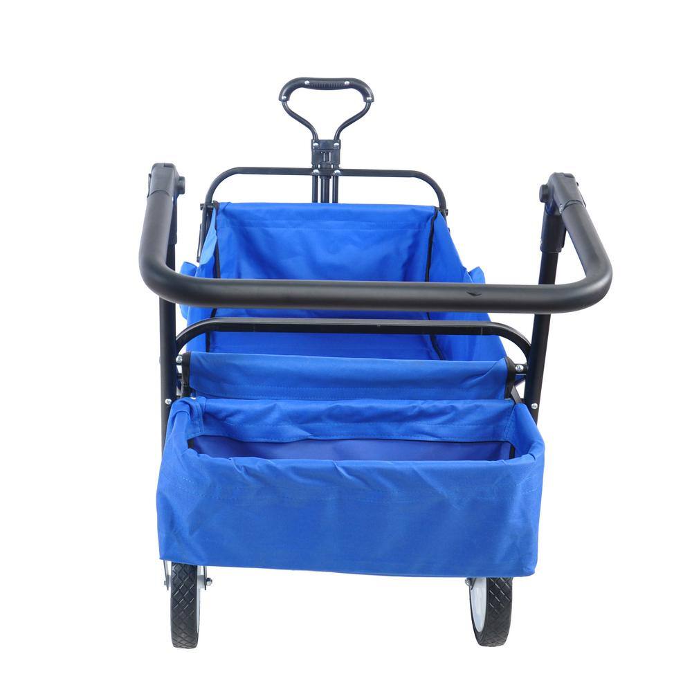 26 cu. ft. Heavy-Duty Folding Wagon Steel Garden Cart, Drink Holder, Adjustable Handles, Blue - Hercitys