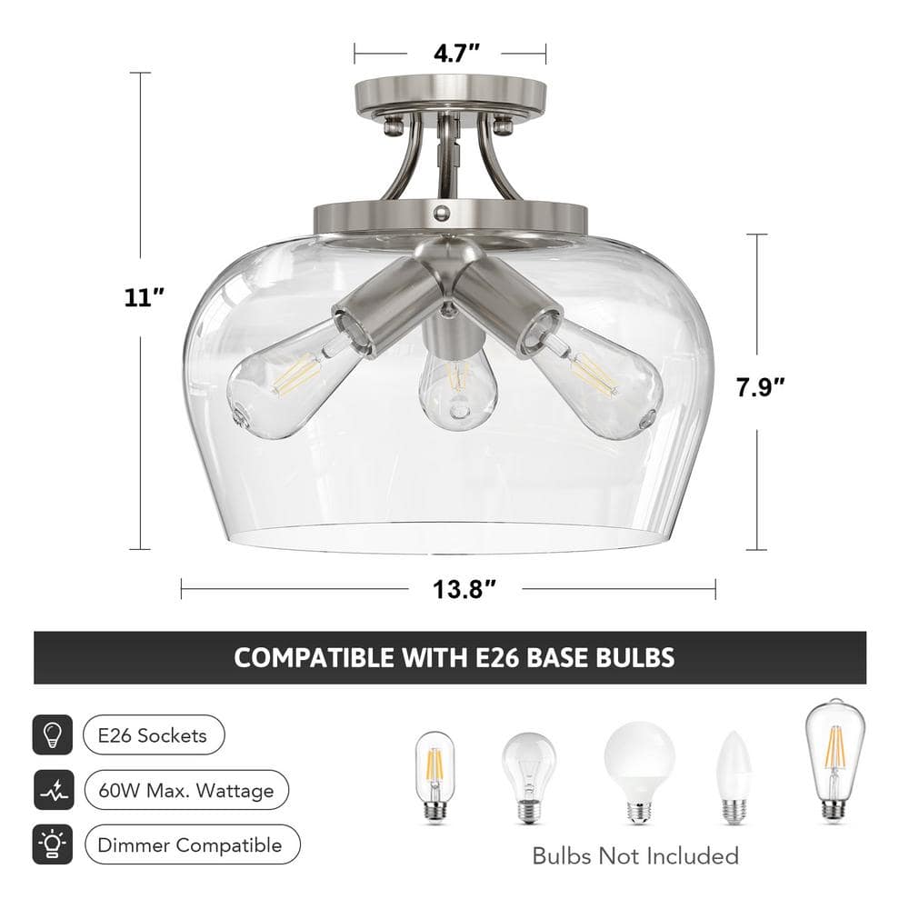 3-Light Blushed Nickel Semi Flush Mount Ceiling Light with Glass Shade - Hercitys