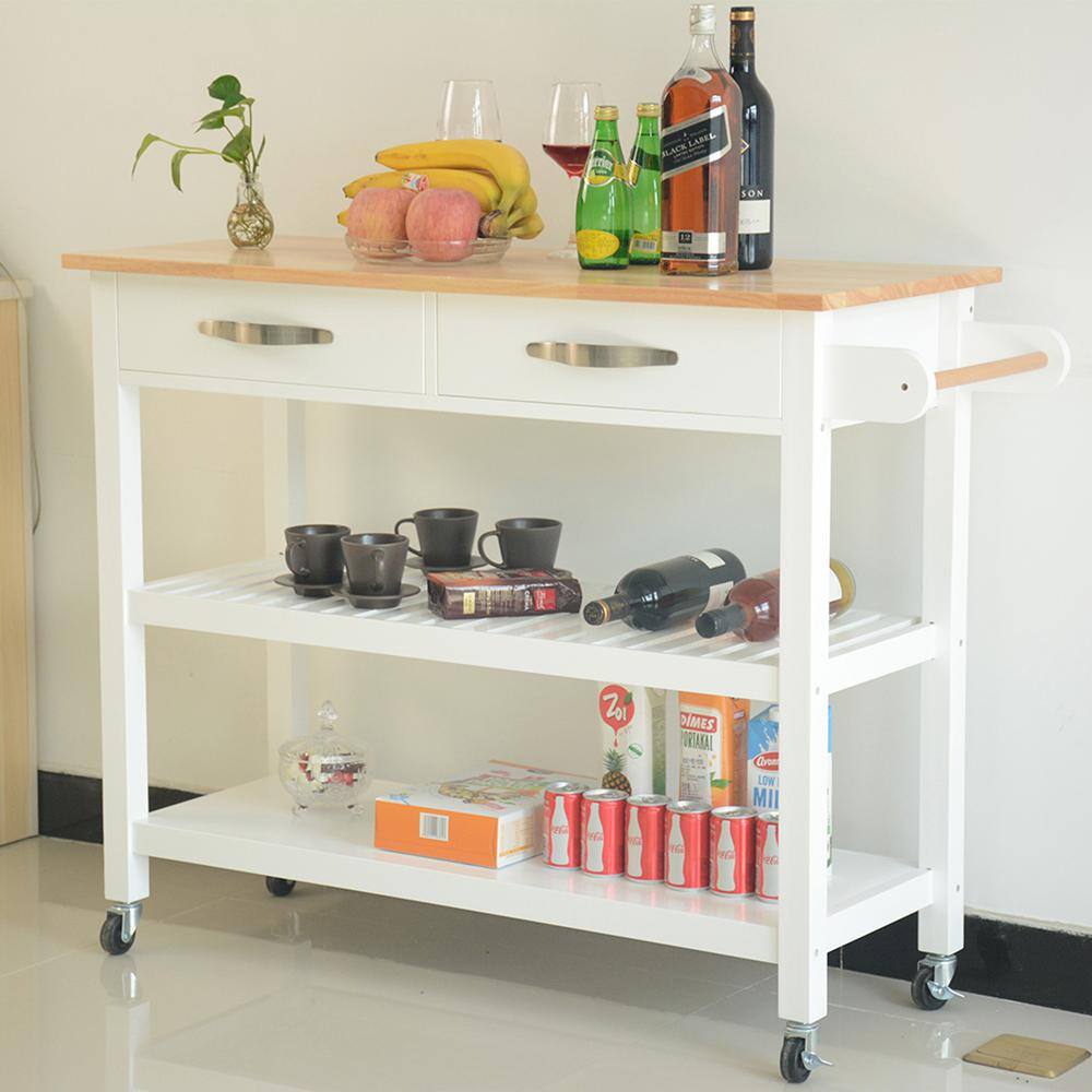 45.00 in. White Wood Kitchen Cart with 2 Lockable Wheels, Rubber Wood Top and 2-Drawers - Hercitys