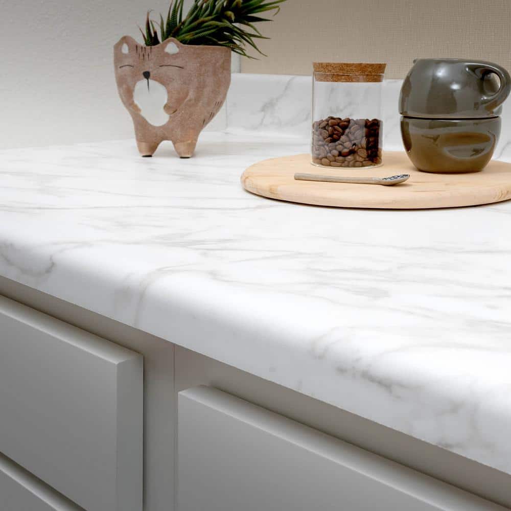 4 ft. Straight Laminate Countertop in Textured Anzio Marble with Waterfall Edge and Integrated Backsplash - Hercitys