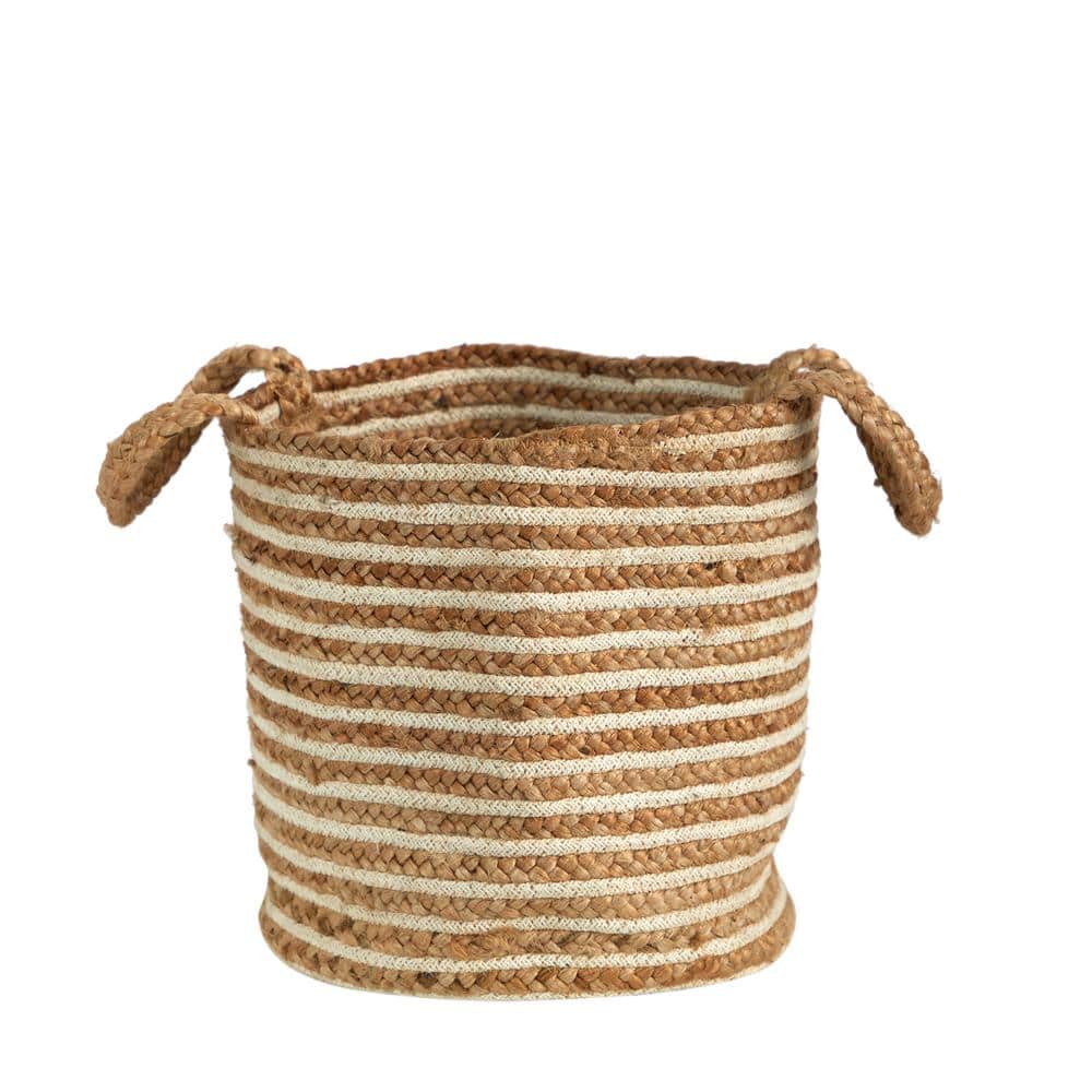 14 in. Beige Jute and Striped Natural Cotton Boho Chic Basket Planter Handwoven with Handles - Hercitys