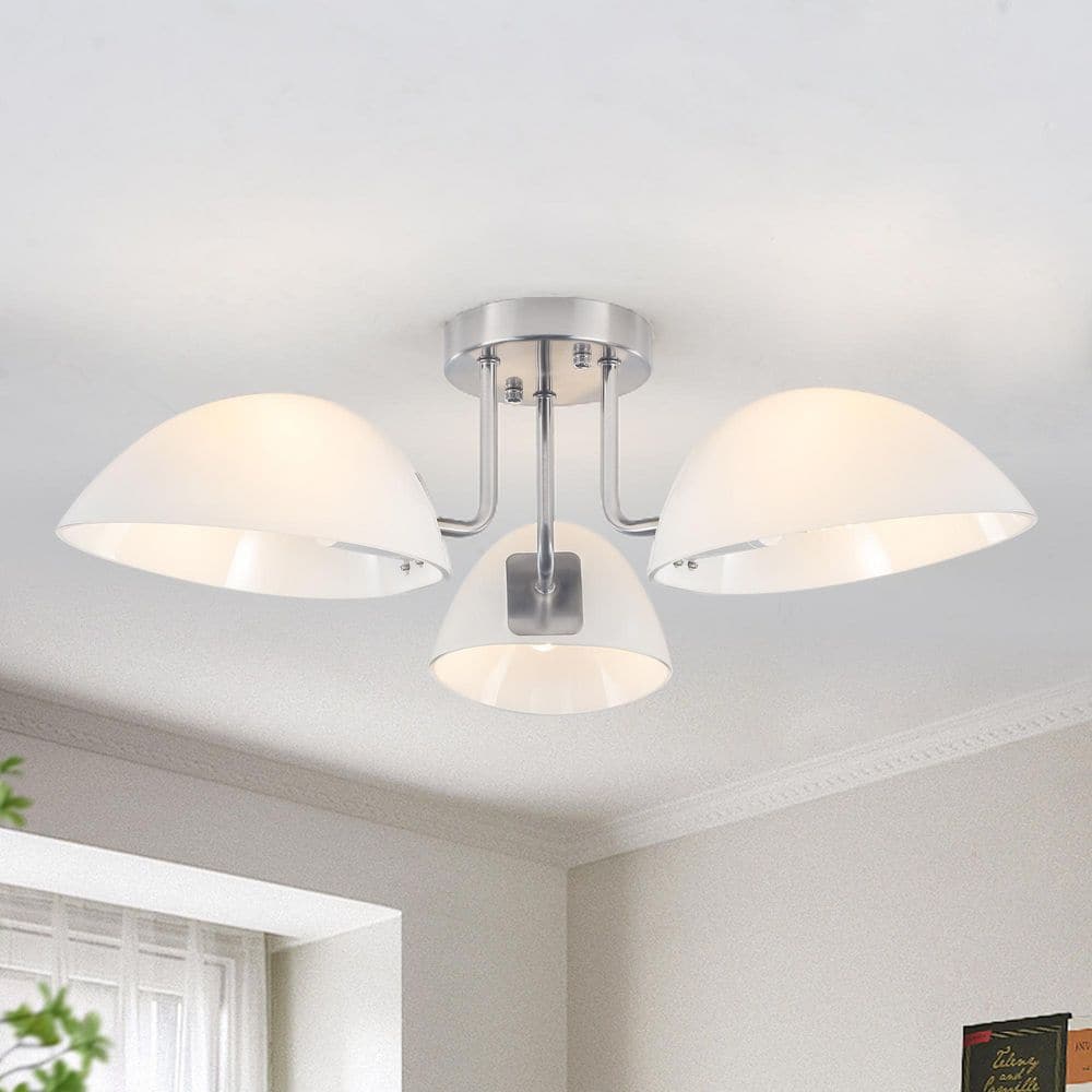 23.62 in. 3-Light Nickel Modern Semi-Flush Mount Ceiling Light Fixture with Glass Shade for Kitchen Island - Hercitys