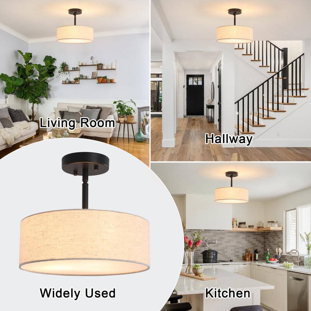 12.6 in. 3-Light Black Drum Linen Blend Semi Flush Mount Ceiling Light with White Fabric Shade and No Bulbs Included - Hercitys