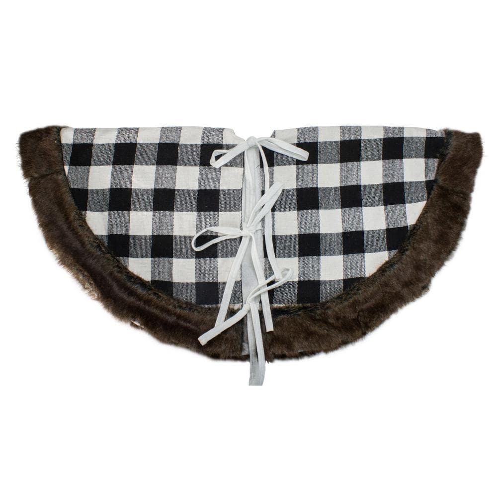 48 in. Black and White Buffalo Plaid Christmas Tree Skirt with Burlap Snowflake - Hercitys