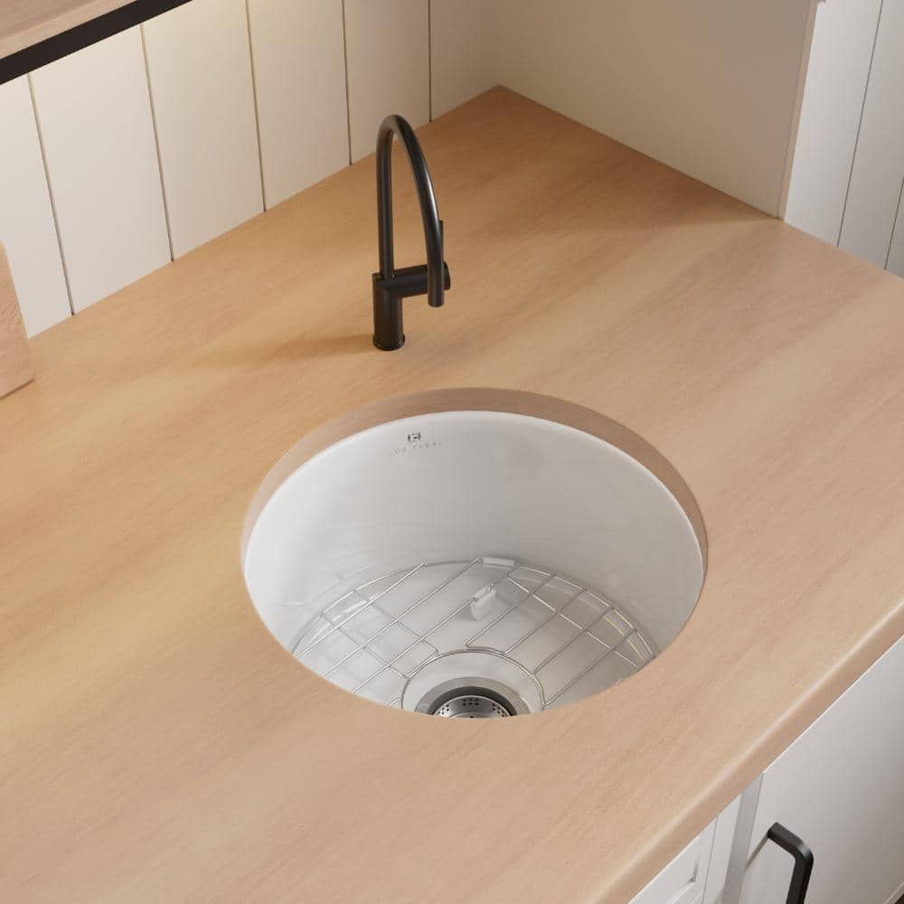 18 in. White Kitchen Sink Undermount, Compact Round Single Bowl Fireclay Basin, Includes Grid and Drain Strainer - Hercitys