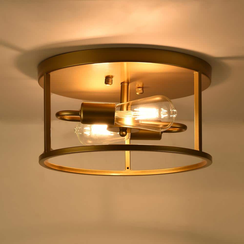 2-Light Gold Farmhouse Round Cage Flush Mount Ceiling Light with No Bulbs Included 12.59 in. - Hercitys