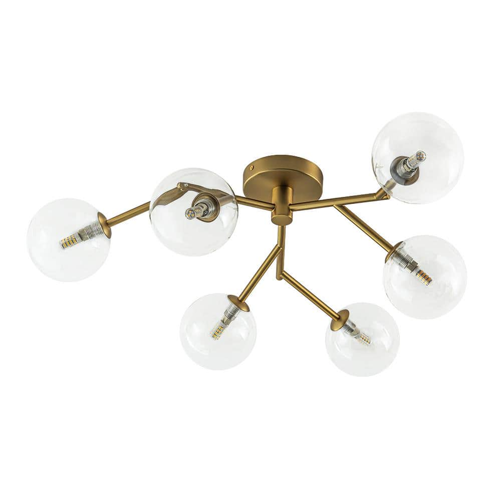 28.74 in. 6-Light Brushed Gold Mid-Century Modern Branch Bubble Globe Semi-Flush Mount Chandelier with Clear Glass Shade - Hercitys