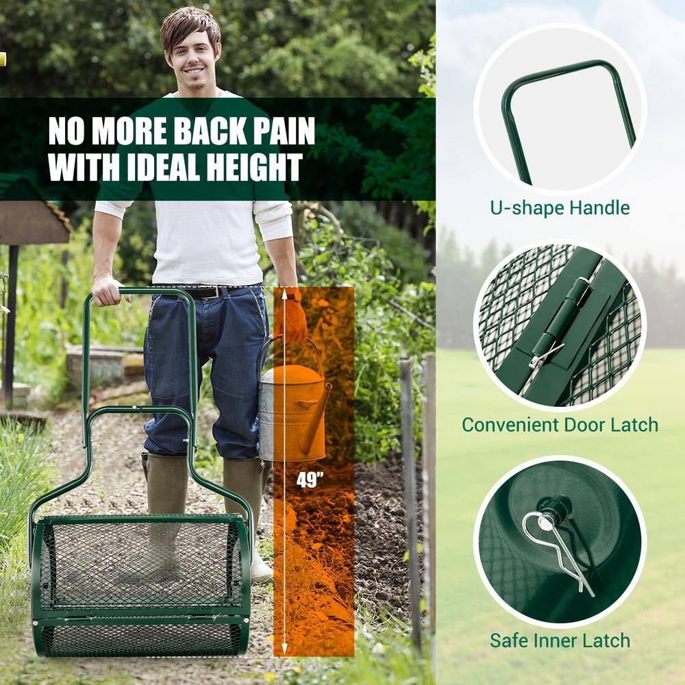 24 in. 2.7 cu. ft. Capacity Handheld Metal Mesh Peat Moss Spreader with Upgrade Side Latches and U-Shape Handle in Green - Hercitys