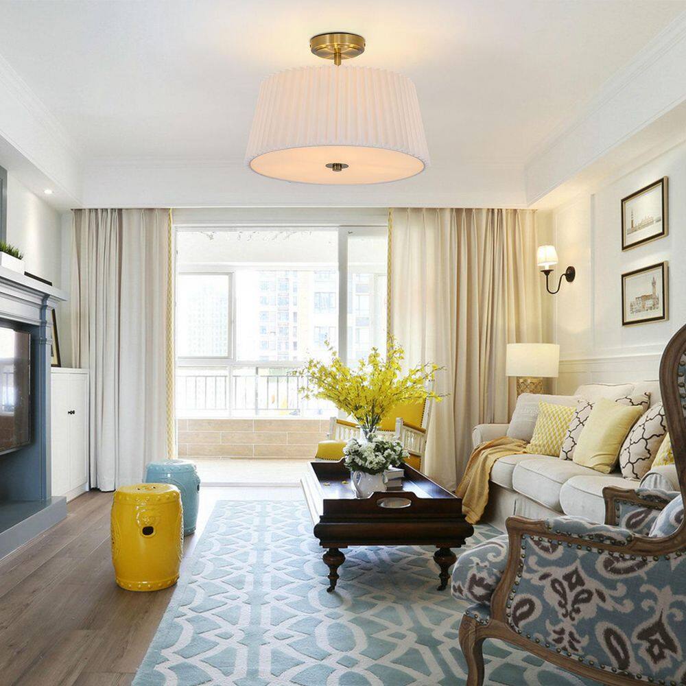 16 in. Modern 3-Light White Fabric Semi-Flush Mount Ceiling Light with Pleated Shade - Hercitys