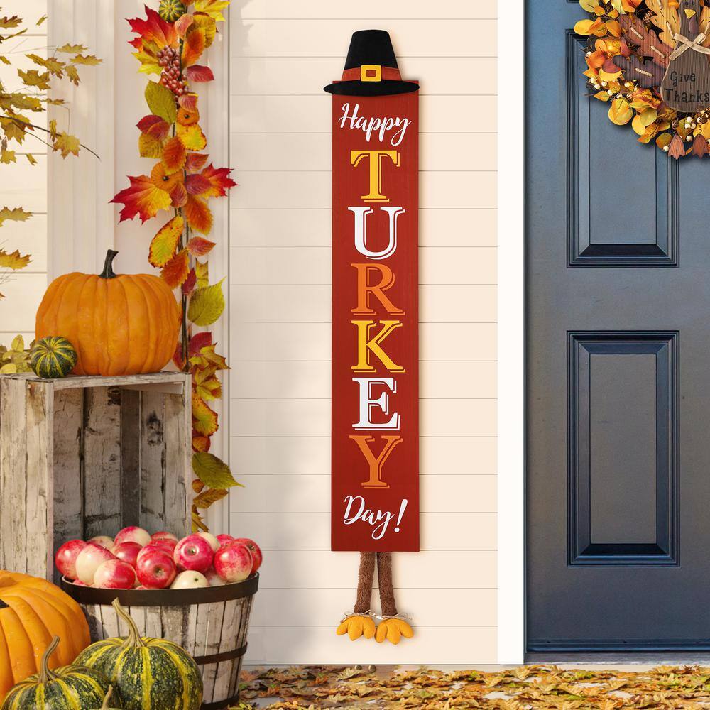 58.5 in. H Thanksgiving Wooden HAPPY TURKEY DAY Porch Sign with Fabric Dangling Legs - Hercitys