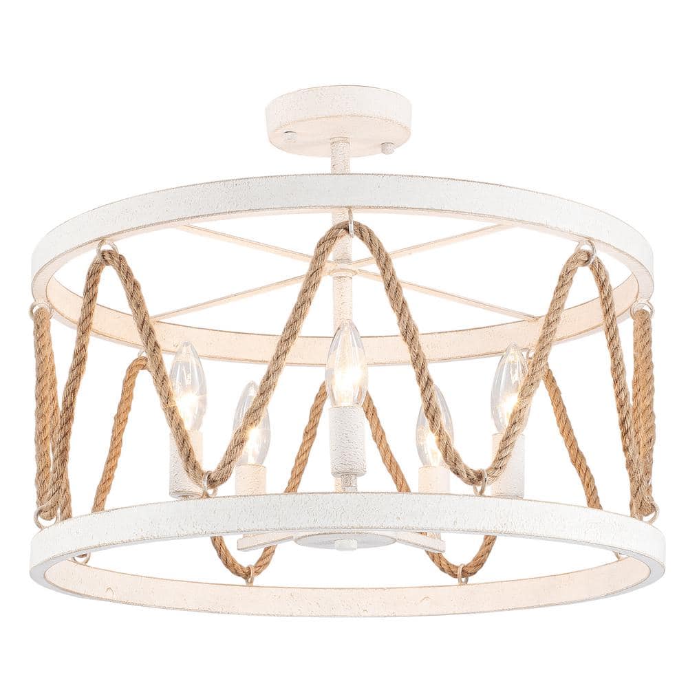 19.68 in. 5-Light White Drum Metal Hemp Rope Semi-Flush Mount Light，No Bulbs Included - Hercitys