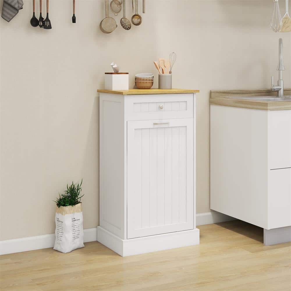13.78 in. D x 19.69 in. W x 35.43 in. H Tilt-Out Kitchen Trash Cabinet with Drawer, Ready to Assemble, White - Hercitys