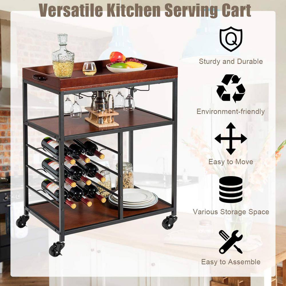 3-Tier Brown Rolling Kitchen Cart with Wine Rack - Hercitys