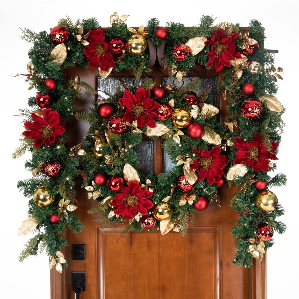 30 in. Green Battery Operated Prelit LED Artificial Christmas Wreath with Golden Leaf Red Magnolia - Hercitys