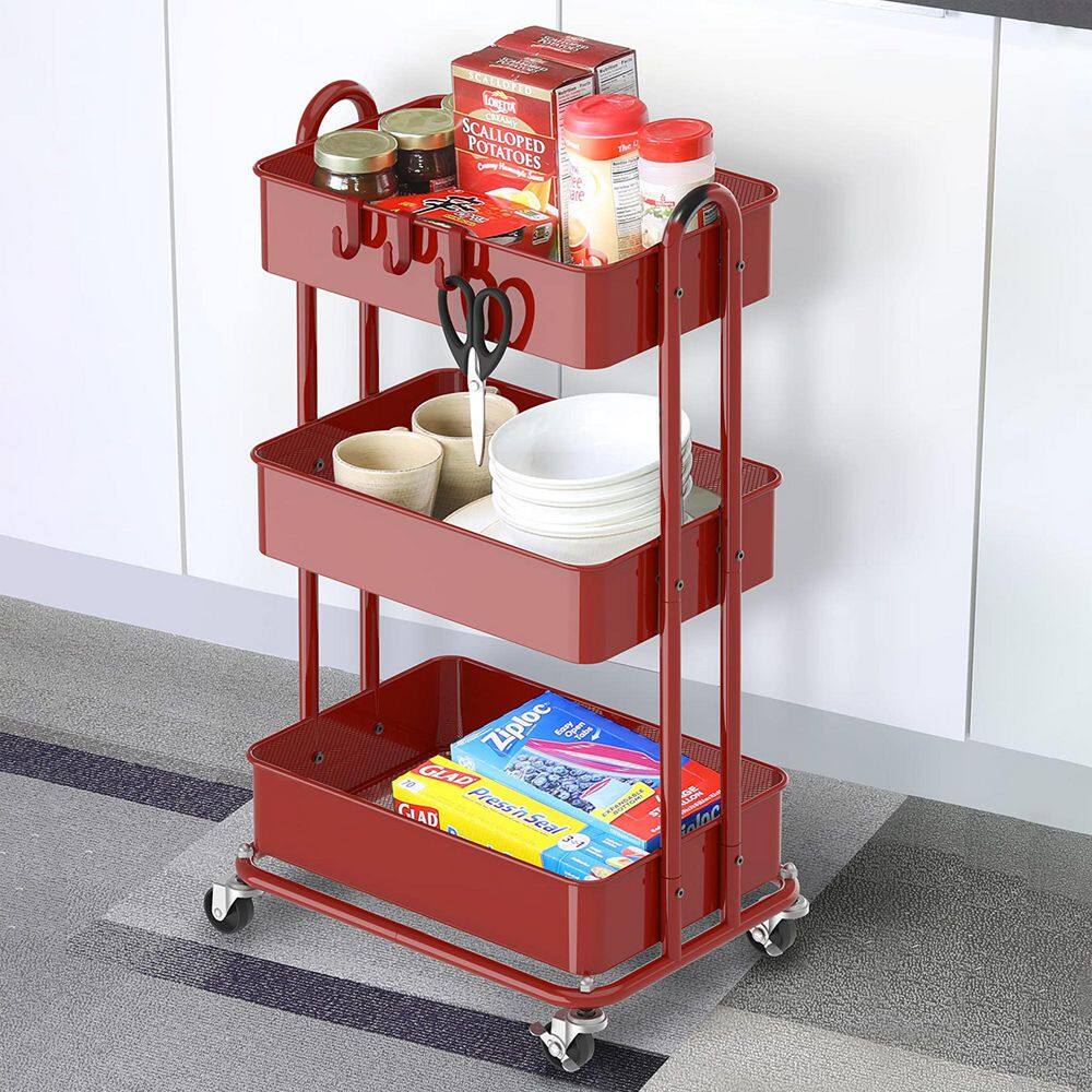 3-Tier Metal -Wheeled Utility Cart in Red - Hercitys