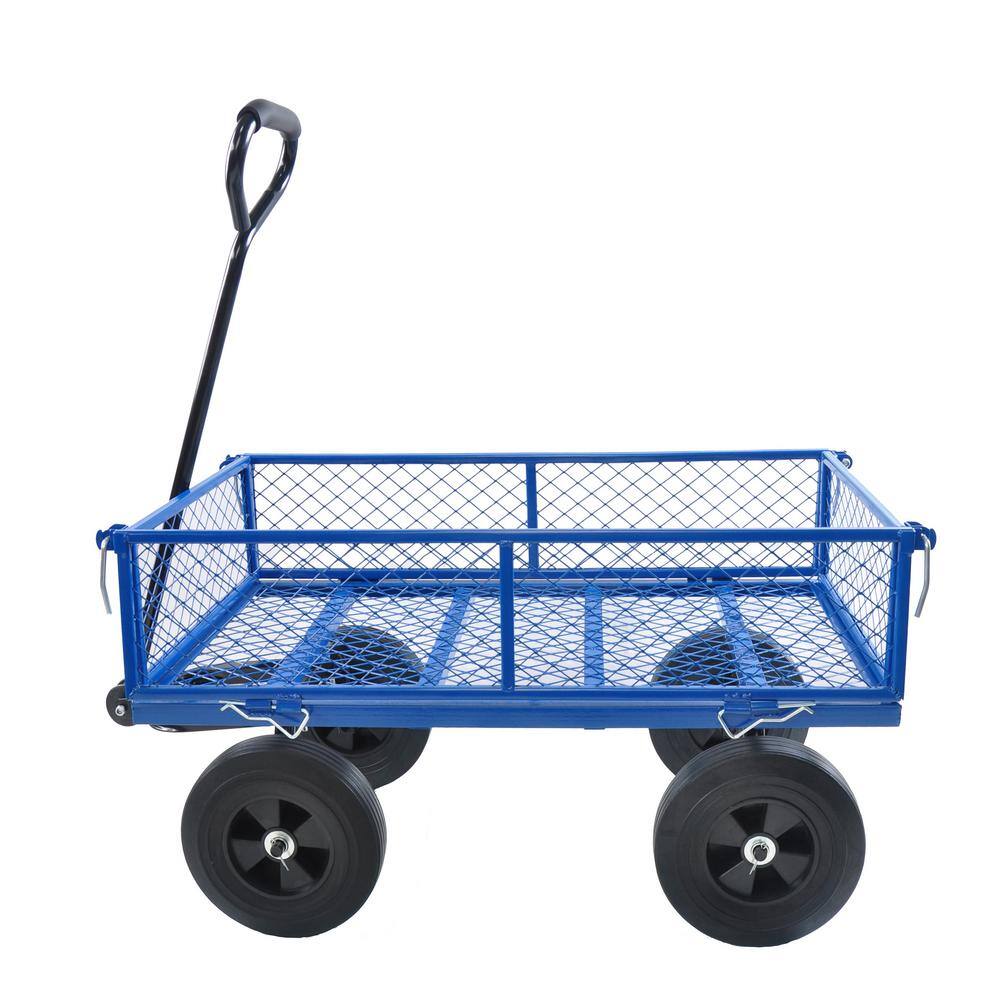 3.5 cu. ft. Steel Garden Cart, Utility Tools Cart Wagon Cart with 10 in. Solid Tires and Removable Sides, Blue - Hercitys