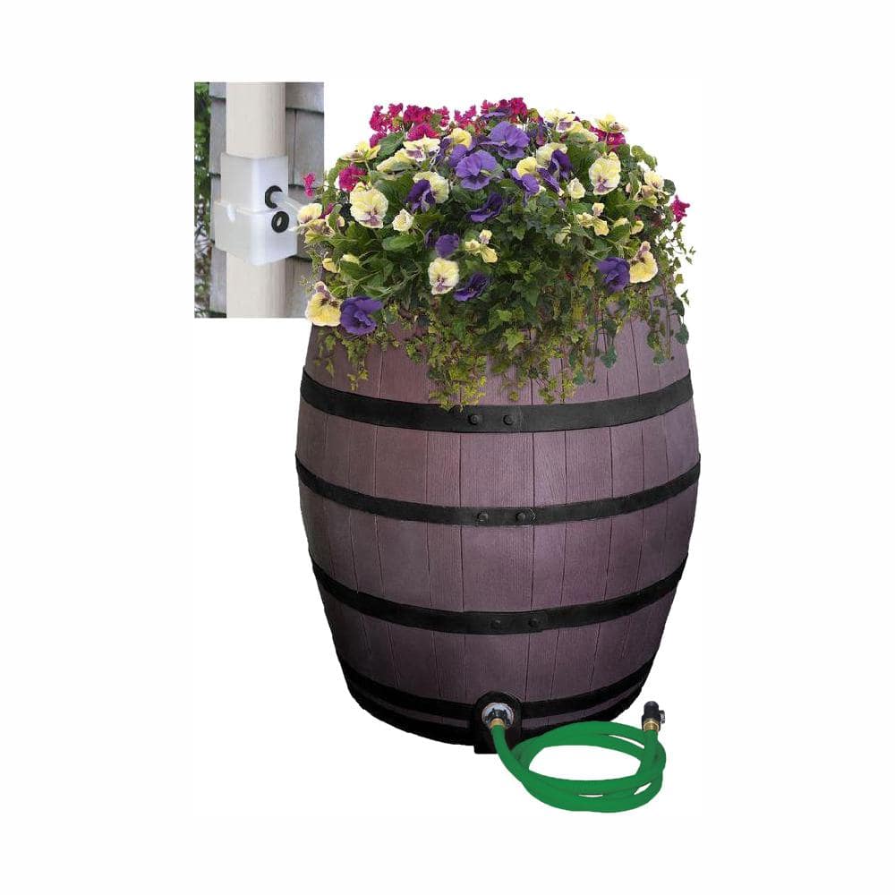 50 Gal. Brown Flat Back Whiskey Rain Barrel with Integrated Planter and Diverter System with Black Accent Bands - Hercitys