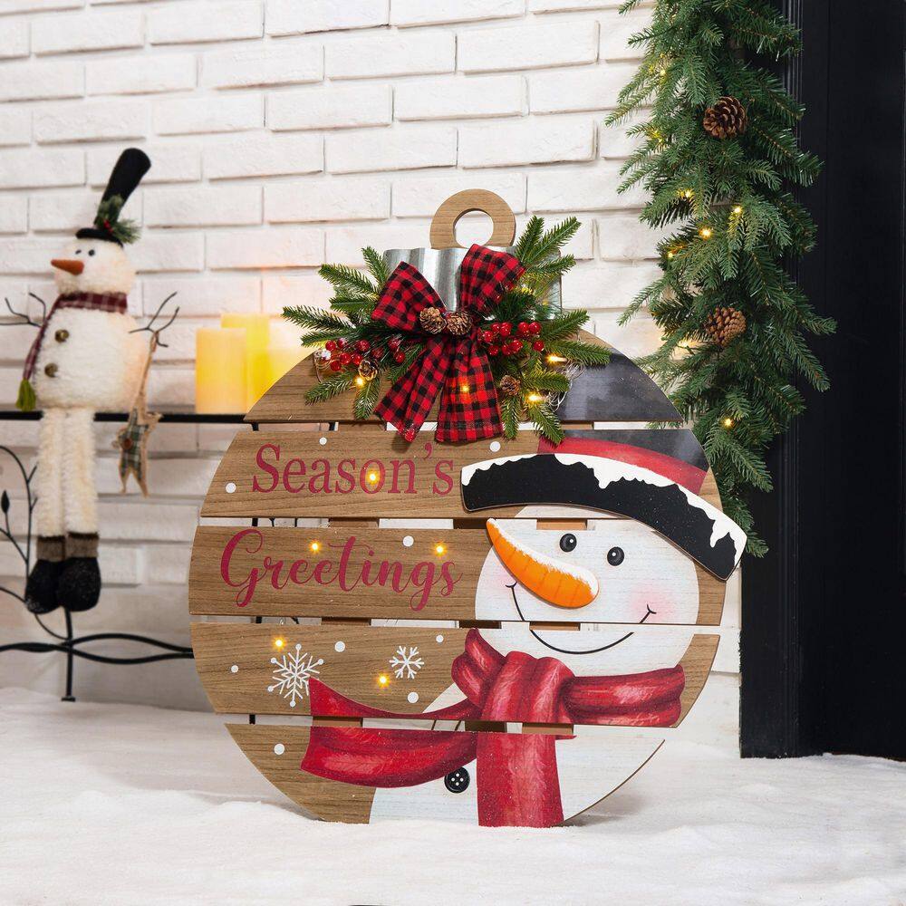 30 in. H Round Wooden Snowman Porch Decor Lighted - Hercitys