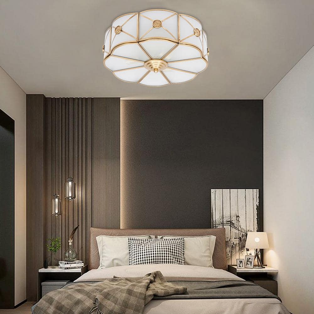 13.78 in. 3-Light Gold Modern Flower Shaped Flush Mount Ceiling Light with White Glass Shade and No Bulbs Included - Hercitys