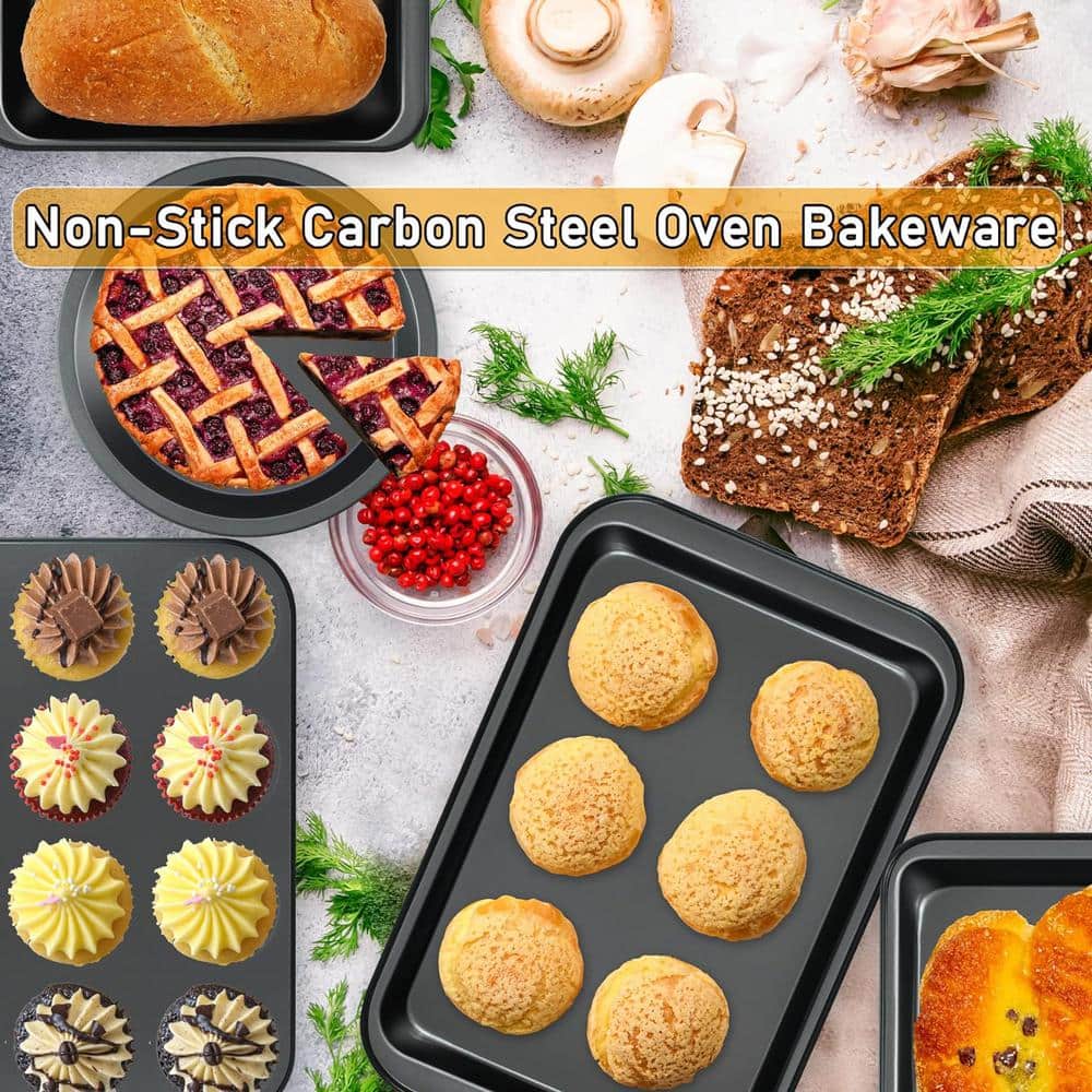 5-Piece Black Bakeware Set with Round/Square Cake Pan, Muffin Pan, Loaf Pan, Roast Pan, for Kitchen Cookware Sets - Hercitys