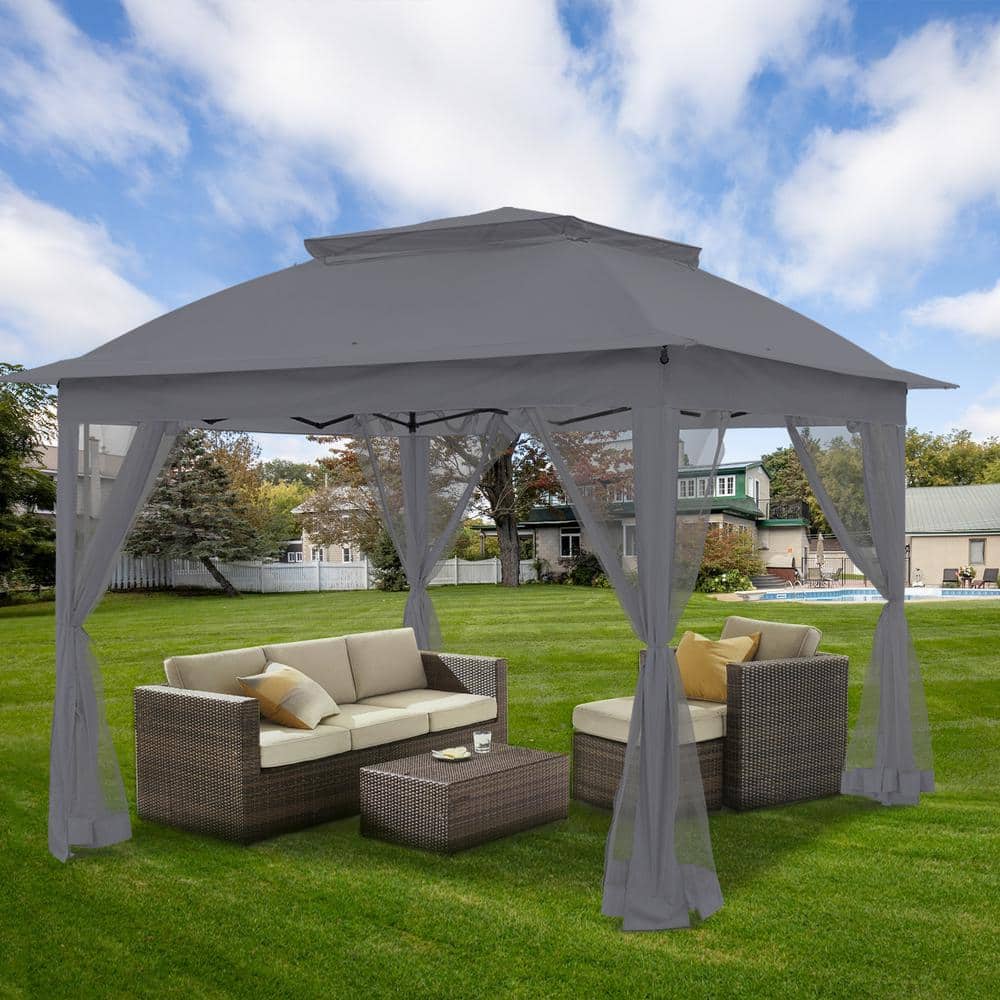 11 ft. x 11 ft. Beige Steel Pop-Up Gazebo with Mosquito Netting - Hercitys