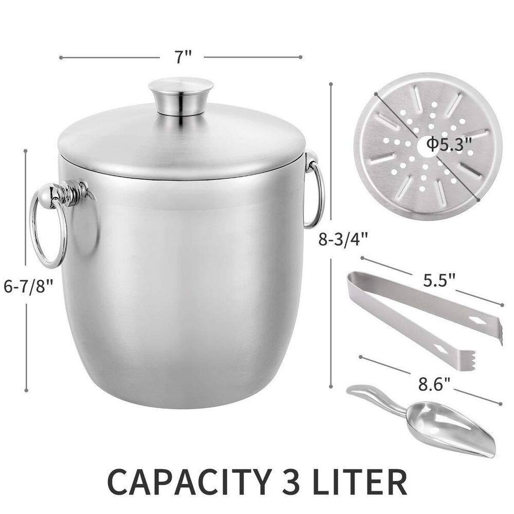 3.17 qt. Stainless Steel Insulated Ice Bucket with Lid, Scoop, Tongs and Strainer for Parties - Hercitys