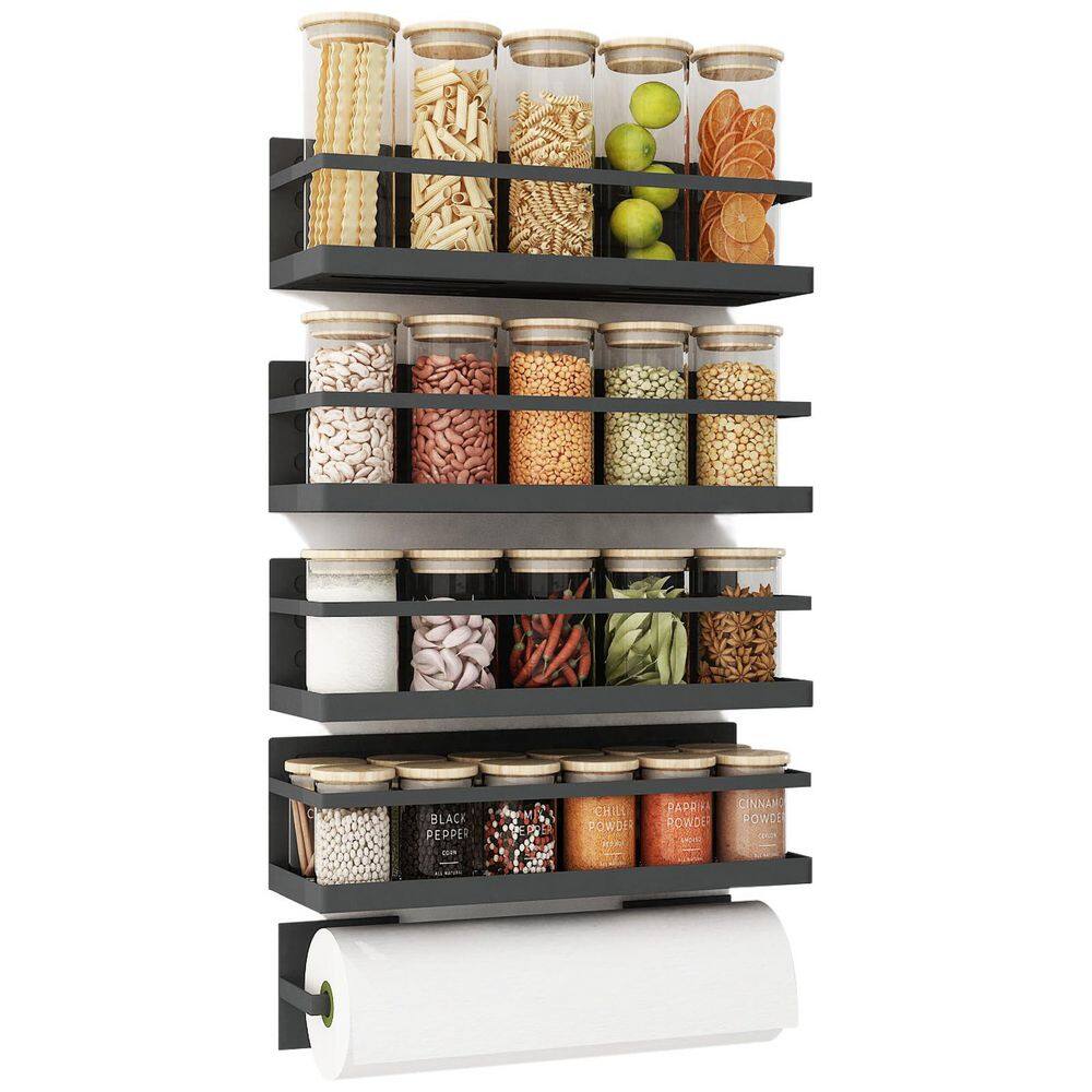 4-Pack Black Magnetic Spice Rack with 2 Magnetic Paper Towel Holders for Refrigerator - Hercitys