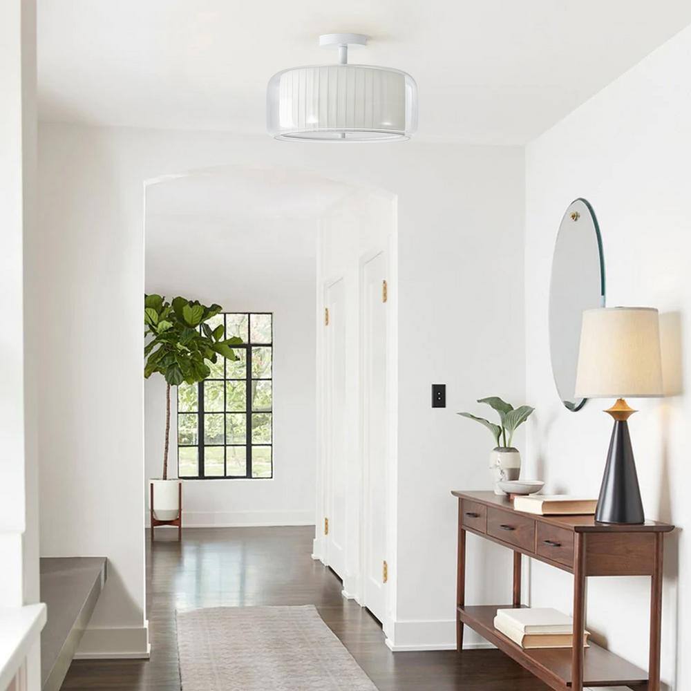 14.96 in. 3-Light White Semi Flush Mount Drum Light Modern Close to Ceiling Lamps with Double Fabric and Glass Shade - Hercitys