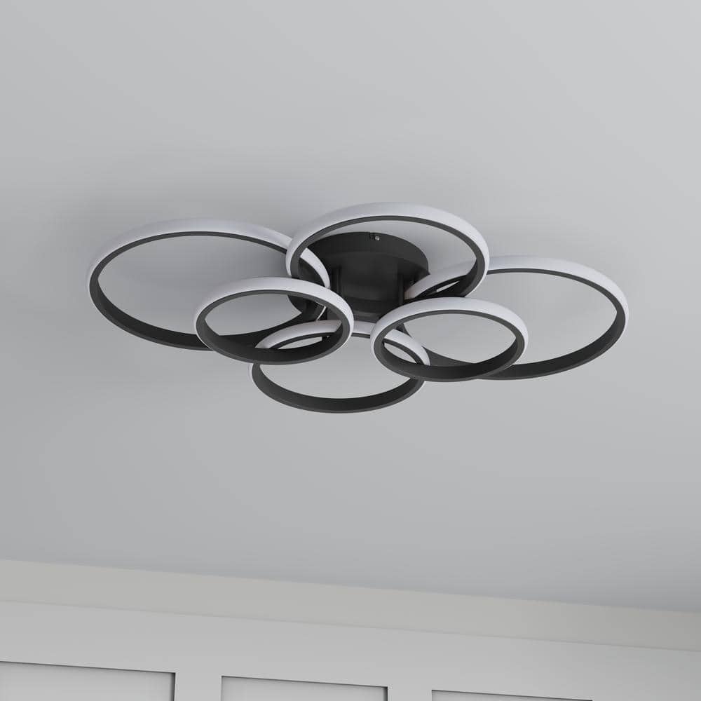 31.49 in. 6-Light Modern Black 40-Watt Integrated LED Flush Mount 6-Rings Circle Close to Ceiling Light - Hercitys