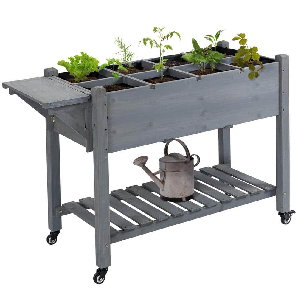 49″ x 21″ x 34″ Raised Garden Bed w/8 Grow Grids, Outdoor Wood Plant Box Stand w/Folding Side Table and Wheels, Gray - Hercitys
