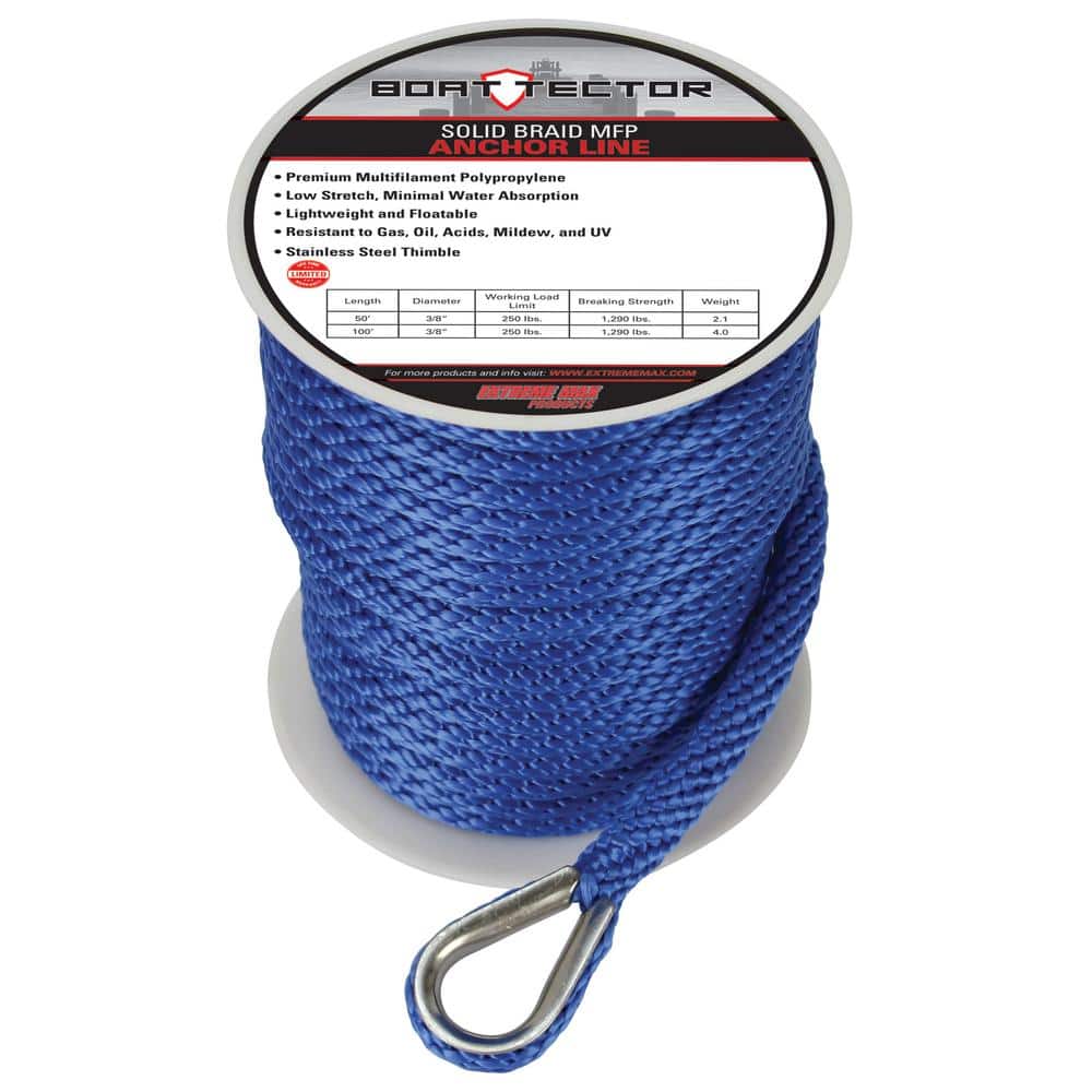 3/8 in. x 100 ft. BoatTector Solid Braid MFP Anchor Line with Thimble in Royal Blue - Hercitys