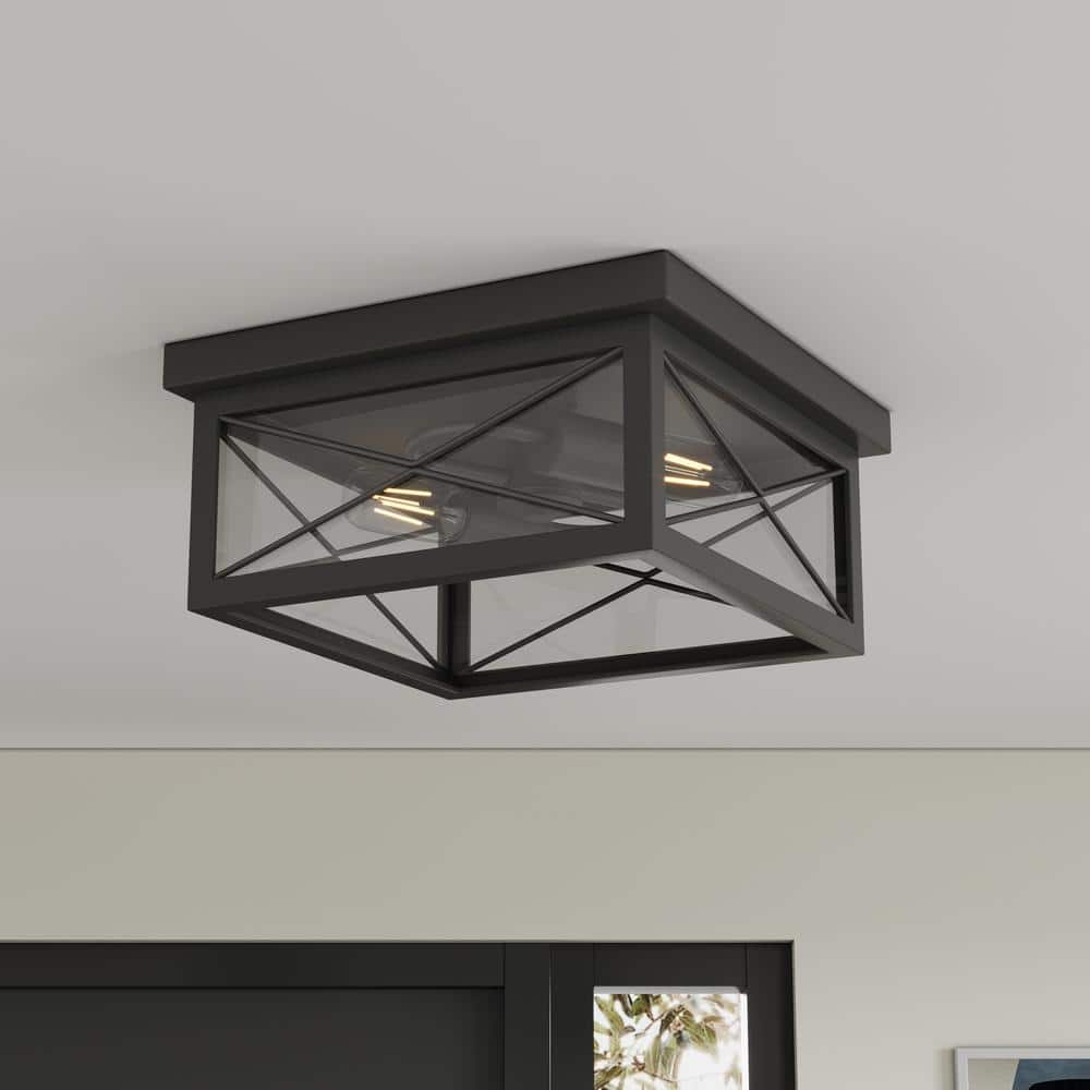 12.2 in. 2-Light Industrial Black Flush Mount Metal Farmhouse Close to Ceiling Light Fixture with Clear Glass Shade - Hercitys