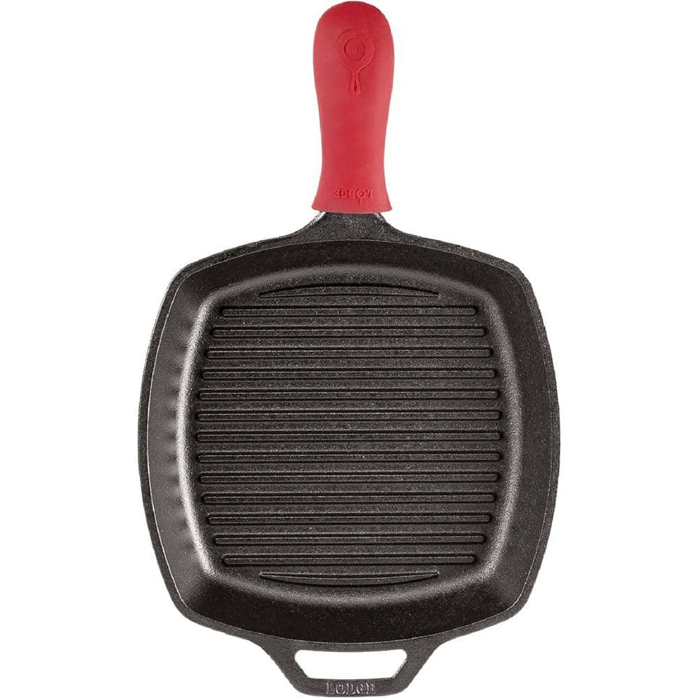 10.5 in. Cast Iron Pre-Seasoned and Ready-to-use Square Grill Pan in Black with Red Silicone Hot Handle Holder - Hercitys