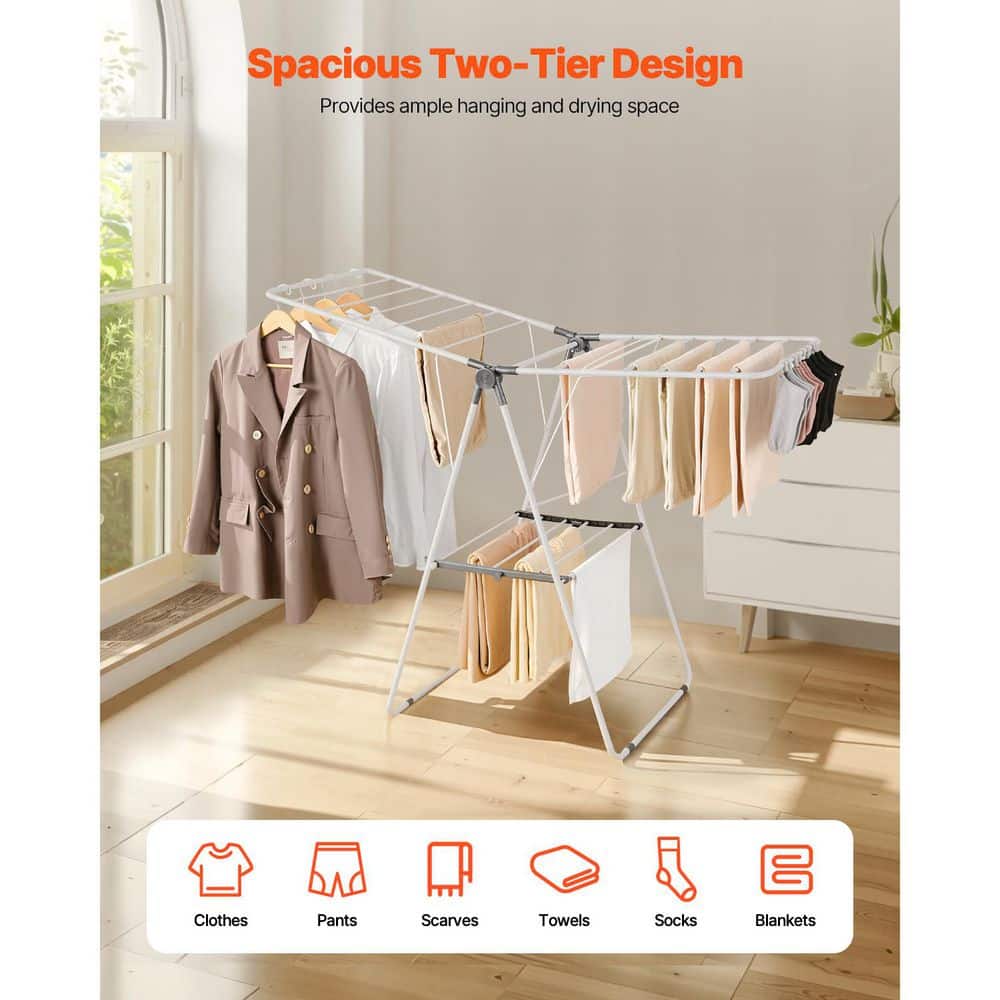 2-Tier Foldable Laundry Dryer Rack with 21 Drying Rods, Sock Clips, Metal Height-Adjustable, White - Hercitys