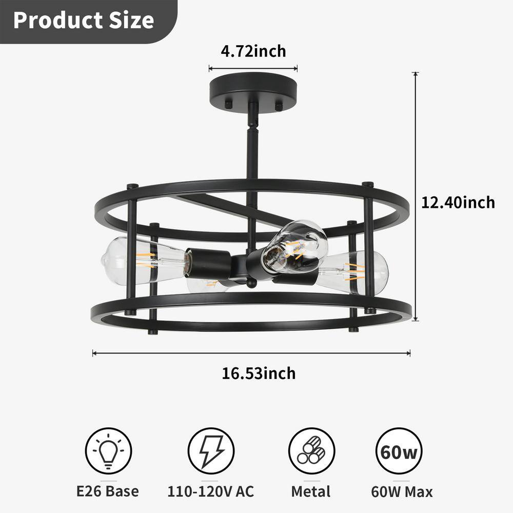16.54 in. 4-Lights Farmhouse Matte Black Round Cage Industrial Semi-Flush Mount Ceiling Light - Hercitys