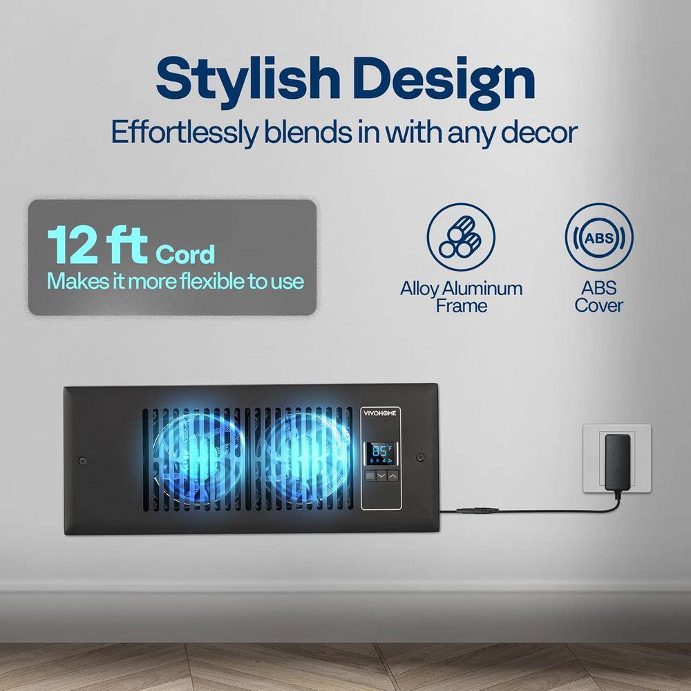 4 in. x 12 in. 120 CFM Wall Mounted Quiet Smart Register Booster Fan with Thermostat Control in Black - Hercitys