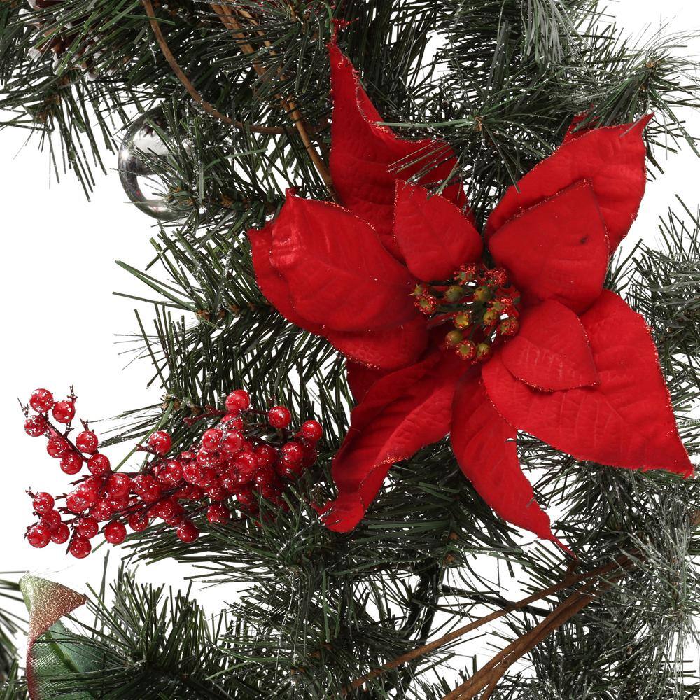 30 in. Red Poinsettia, Berries, Silver and Red Ball and Twig Pine Artificial Wreath - Hercitys