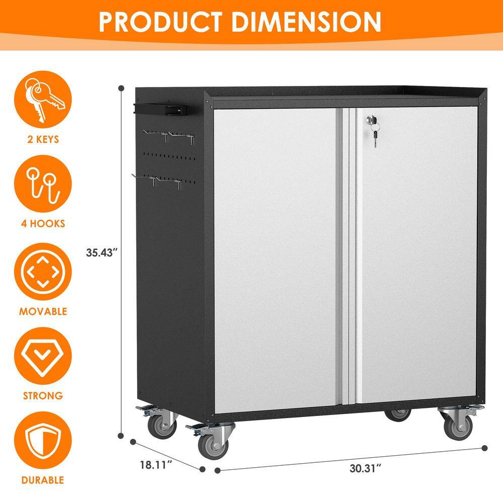 30 in. W x 35.5 in. H x 18 in. D Metal Freestanding Cabinet with Shelf, Pegboard, Side Push Handle in Black and Grey - Hercitys