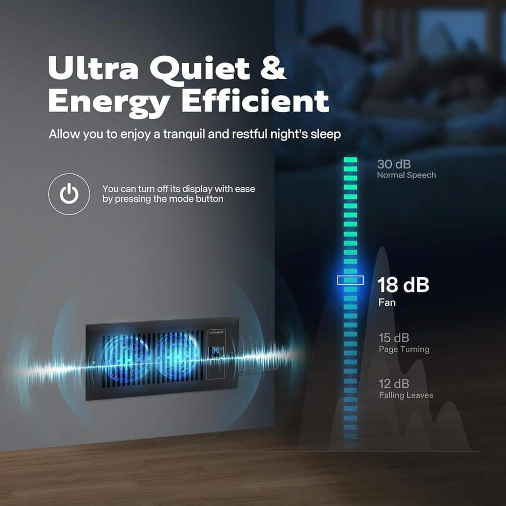 120 CFM Wall Mounted Quiet Smart Register Booster Fan with Thermostat Control in Black - Hercitys