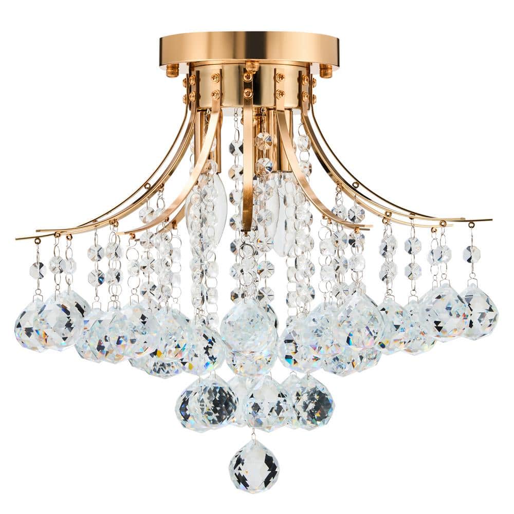 15.4 in. 3-Light Gold Crystal Chandelier Flush Mount Ceiling Light Fixture - Hercitys