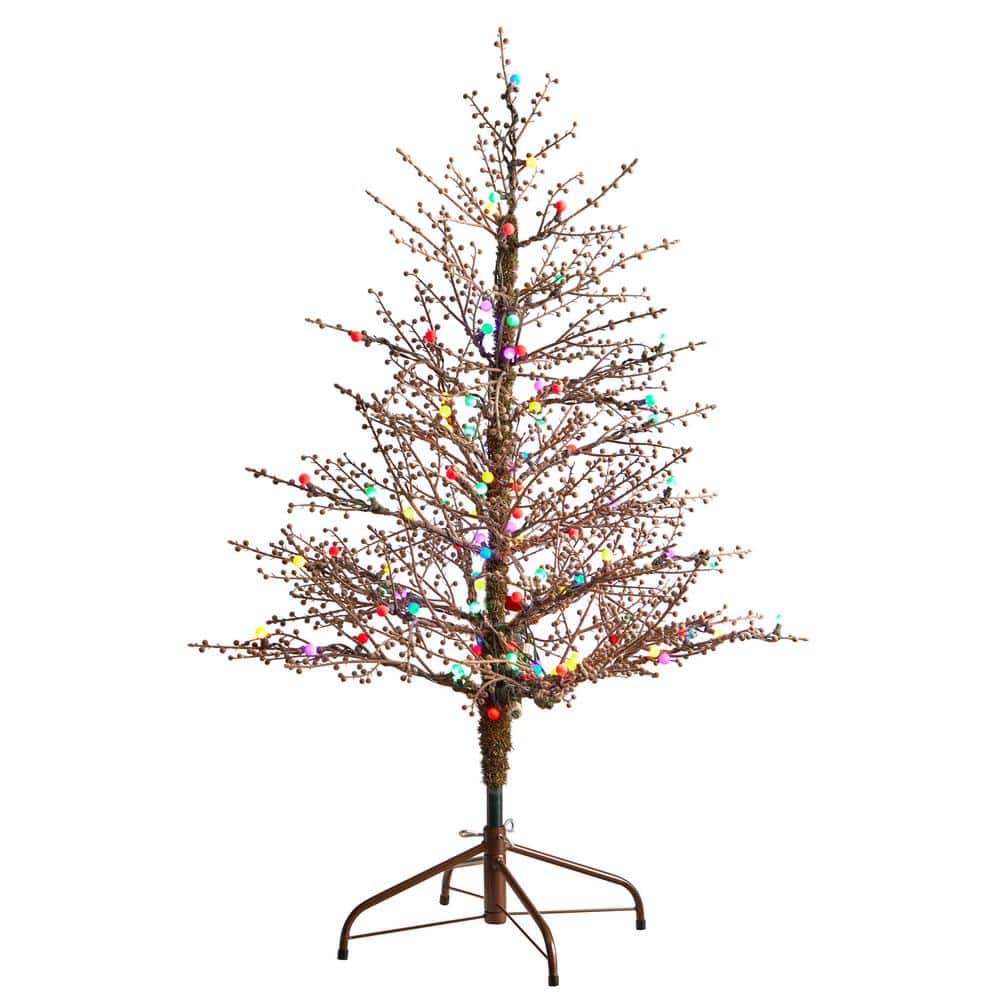 4 ft. Frosted Berry Twig Artificial Christmas Tree with 100 Multicolored Gum Ball LED Lights and 240 Bendable Branches - Hercitys